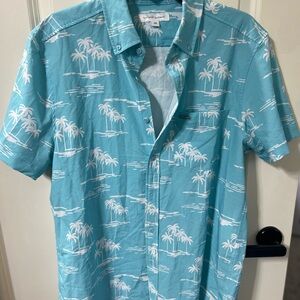 Blue and White Casual Button Down Shirt with Palm Tree Pattern